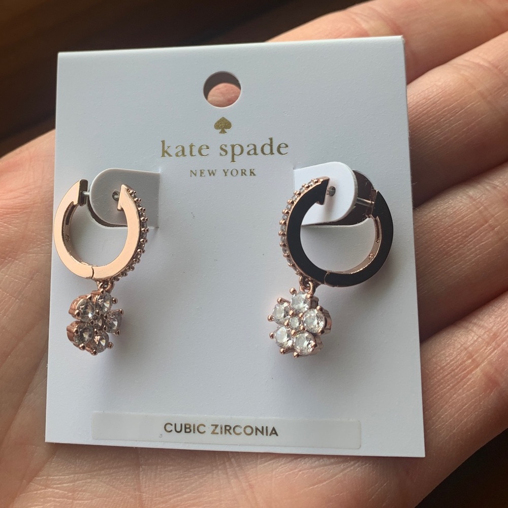 NEW Kate Spade rose gold huggie earrings with flower cubic zirconia detail